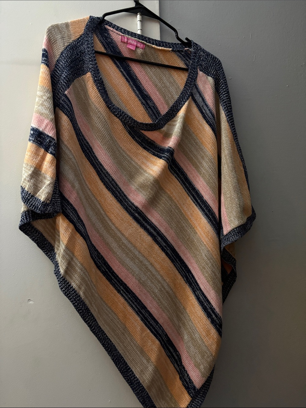 Woman Within Striped Poncho Sweater - Navy, Pink & Peach